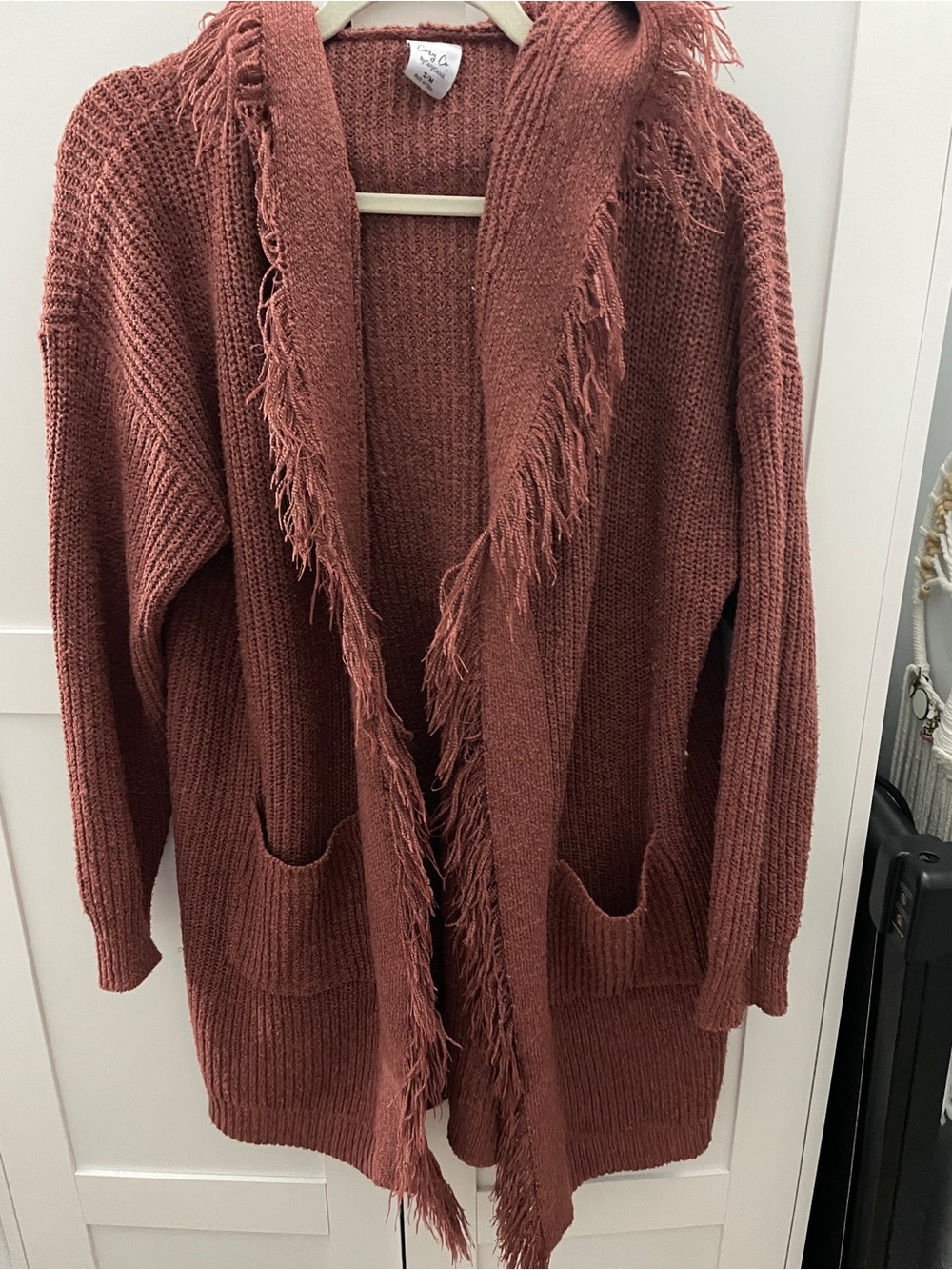 Cozy Co S/M Rust Fringe Hooded Long Cardigan Sweater Boho Western Duster